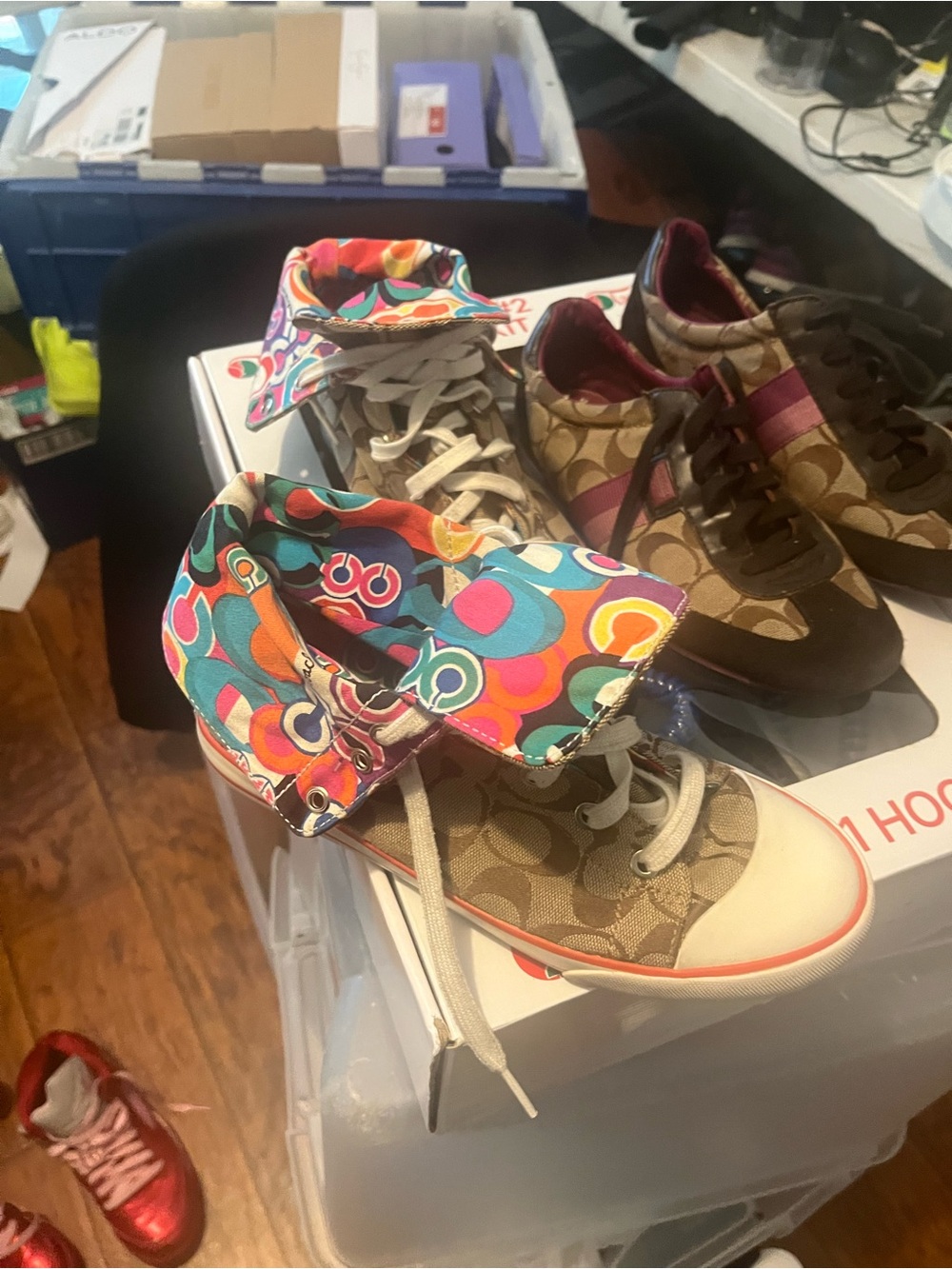 Coach Women Beige Signature High-Top Sneakers with Multicolor Fold-Over Cuff